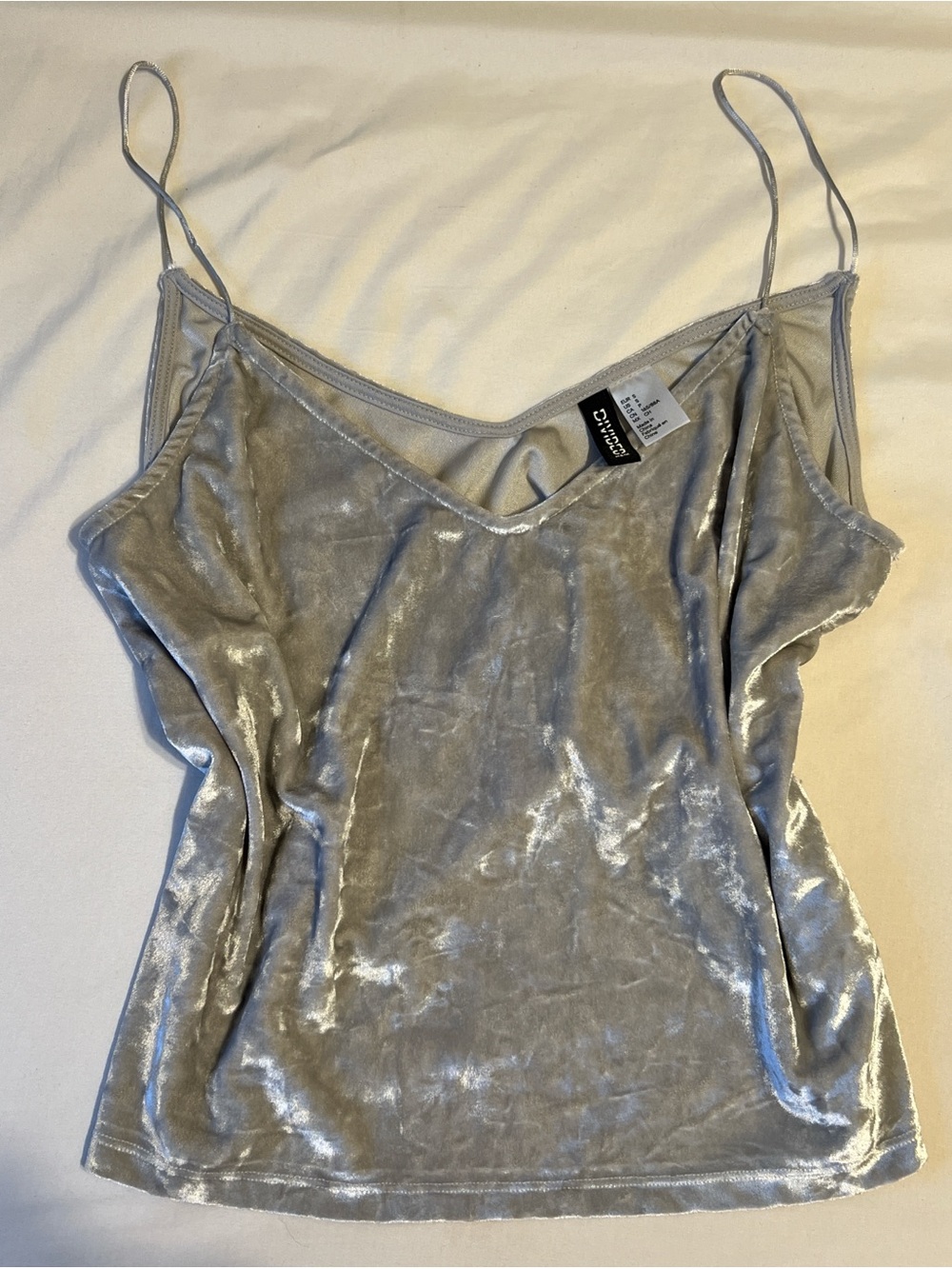 Divided Silver Velvet Spaghetti Strap Tank